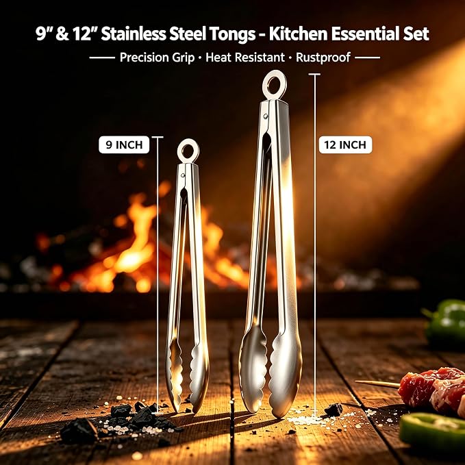 Stainless Steel Cooking Tong Set - 12" & 9" Locking Kitchen Tongs | Heat Resistant to 600 Degrees, Food Grade Kitchen Metal Tong for Food, Salad, & BBQ - Dishwasher Safe