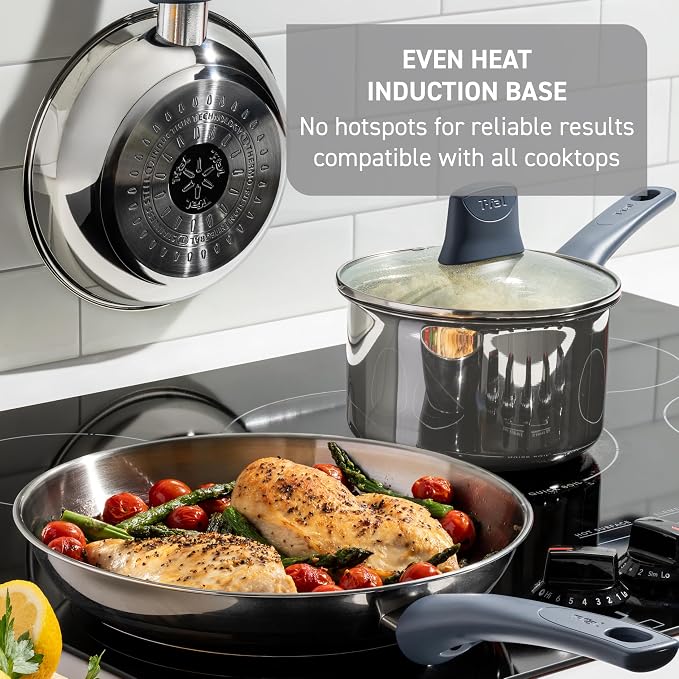 T-fal Essentials Sauce Pan with Lid, 3.5 Qt, Nonstick, Induction Compatible | Stainless steel with ProGlide nonstick coating, Oven safe to 350 F, Interior measuring marks, Dishwasher safe, Glass lid