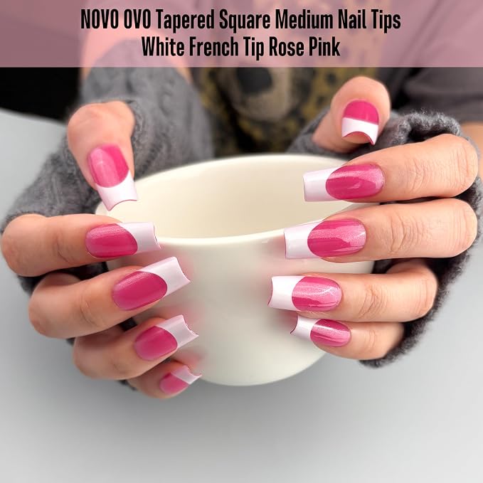 NOVO OVO White French Tip Square Nail Tips Press on ROSE PINK, Extra Thick Medium Soft Gel Fake Nail Acrylic Extension, Need Builder Gel Top Coat, No Glue Included, for Salon DIY x 15 Sizes 240 pcs