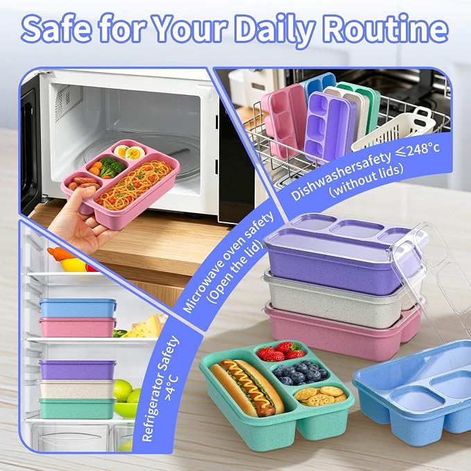 Bento Box 5-Pack, 4-Compartment Lunch Box for Women, Men & Kids, BPA-Free Wheat Straw Snack Containers, Ideal for Meal Prep, Travel, School, Work (Pink)