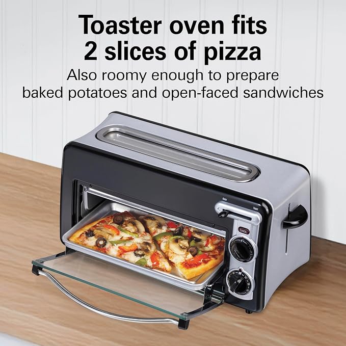 Hamilton Beach 2-in-1 Countertop Toaster Oven & Long Slot 2 Slice Toaster | Versatile Toasting & Baking | Auto Shut Off | Shade Selector & Temperature Control |Compact Retro Design | Black | 22725