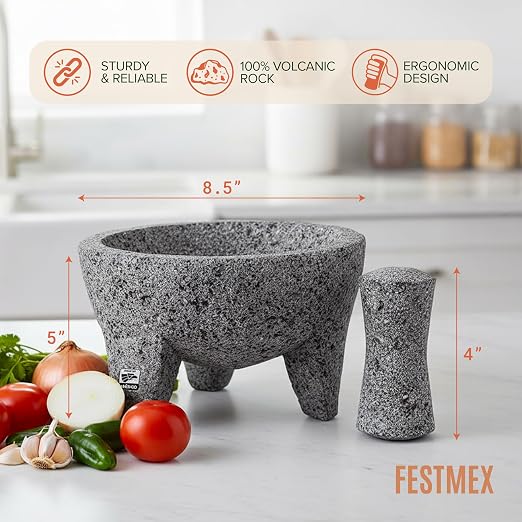 Genuine Handmade Mexican Mortar and Pestle Set- 8 Inches, Molcajete Mexicano — Mexican Cookware Perfect as Salsa Bowls, Guacamole Bowl and Masher, Mortero Para Cocina made from Volcanic Rock in Mexico