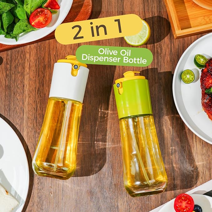 LHS Olive Oil Sprayer and Dispenser 2 in 1, 10oz/300ml, Green | Oil Mister & Pourer, Portion Control, Food Grade, For Air Fryer, Cooking, Salad, BBQ, Frying