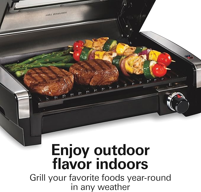 Hamilton Beach Electric Indoor Searing Grill With Lid & Viewing Window | Adjustable Temperature Control To 450°F | 118 sq. in. PFAS-Free Removable Non-Stick Cooking Surface | Stainless Steel