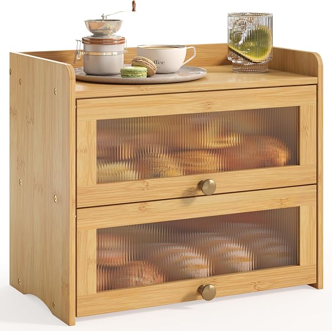 Large Vintage Bread Box for Kitchen Countertop Homemade Bread, Bamboo | Farmhouse Wooden Double Layer Breadbox Organizer Bread Holder Storage Container with Window