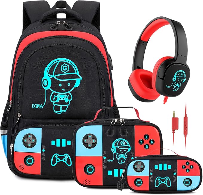 Backpack for School Boys, Cool Luminous Gamer Boys Schoolbag | with Lunch Box & Pencil Case Set for Kids Teens Elementary Middle School, Bookbag Glow In The Dark