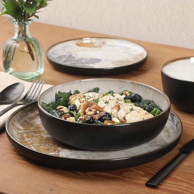 Gibson Elite Chantilly Hill 16-Piece Ceramic Dinnerware Set, Round Plates & Bowls, Multicolor Leaf Design, Microwave & Dishwasher Safe, Service for 4