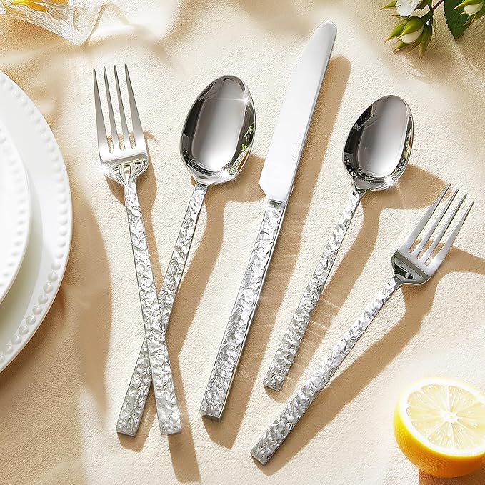 40 Pcs Hammered Silverware Set for 8, 18/10 Stainless Steel Heavy Duty Flatware Set, Tableware Cutlery Utensil Sets for Home Restaurant Dishwasher Safe