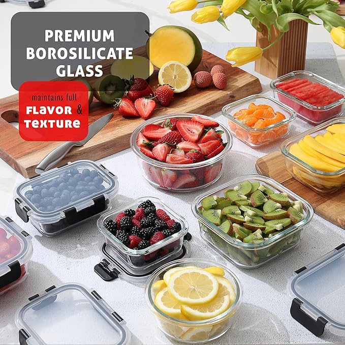 EATEX 32pc Glass Food Storage Containers with Lids, Airtight Glass Meal Prep Containers, 16 Reusable Food Storage Bins with 16 Leakproof Snap Lock Lids Oven Microwave Freezer Safe Lunch Containers