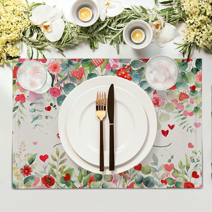 Valentines Day Love Heart Rose Placemats Set of 4 Valentine Eucalyptus Leaves Linen Table Mats Heat 12x18 Inch Spring Resistant Washable Table Mats for Kitchen Dining Decoration