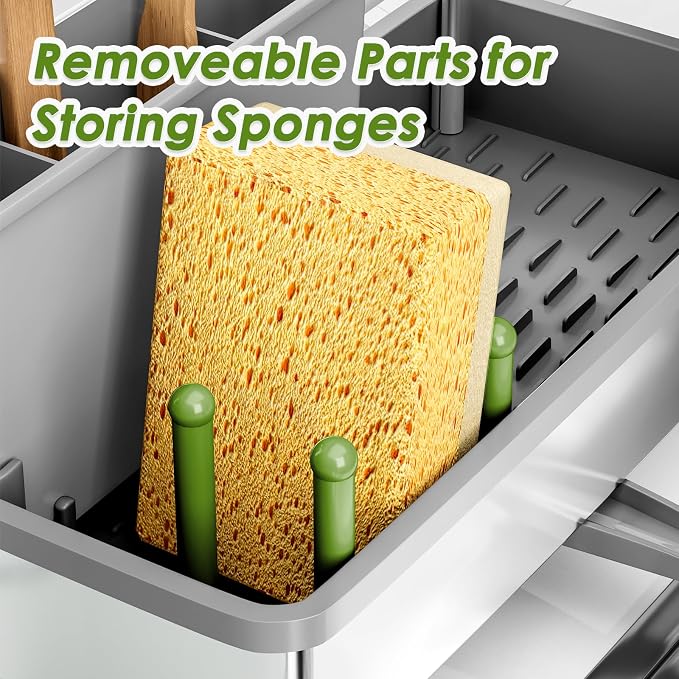 Ewaiira Stainless Steel Sink Caddy, Sponge Holder for Kitchen Sink 9.8″ | with Brush Holder Dishcloth Rack, Rustproof Sink Organizer Countertop, Soap Kitchen Organizers Storage Essentials, Gray