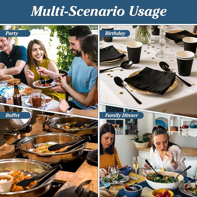 Mwellewm 18Pcs Serving Utensils Set Serving Tongs Serving Spoons for Buffet | Dishwasher Safe, Black Stainless Steel Tableware, Metal Cutlery, for Parties Weeding Entertaining Catering Banquet Birthday