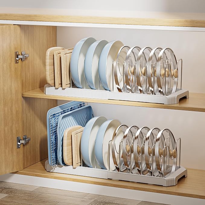 MUDEELA Pots and Pans Organizer under Cabinet, Pan Pot Organizer Inside Cabinet, Expandable 12.9''-21.88'' Pot Lid Organizer Holder with 12 Adjustable Dividers for Cutting Boards, Pan Lid Rack, White