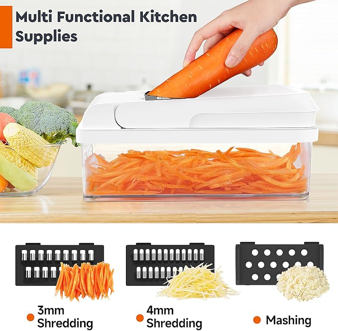 MealHelper 12-in-1 Vegetable Chopper, Food Veggie Chopper With Container | Kitchen Prep Tool, Cheese Grater, Home Essentials & Kitchen Gadgets, with Sharp Stainless Steel Blades(7 Blades, Black)