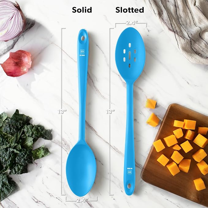 DI ORO Silicone Cooking Spoons - Solid & Slotted Set, 2-Pc Blue | Large heads for mixing, serving, and stirring; Heat-resistant to 600F for nonstick cookware; BPA-free and dishwasher safe