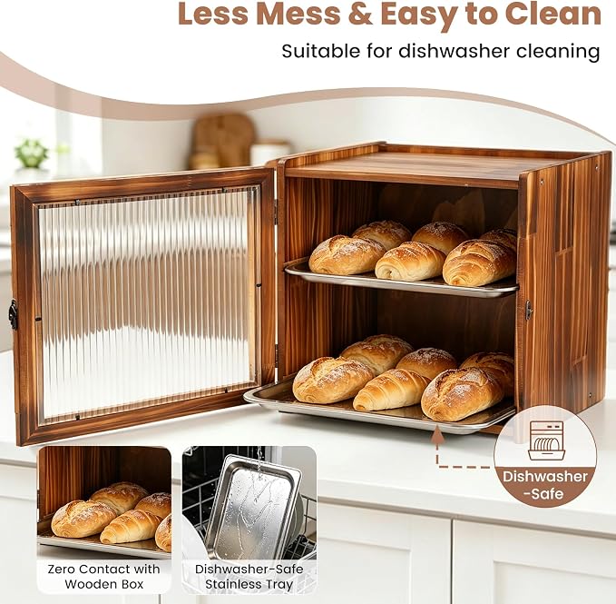 Vintage Bread Box for Kitchen Countertop, 2-Layer Large Wooden Breadbox | Farmhouse Wood Bread Boxes with Removable Stainless Steel Tray, Homemade Bread Storage Container with Clear Acrylic Window