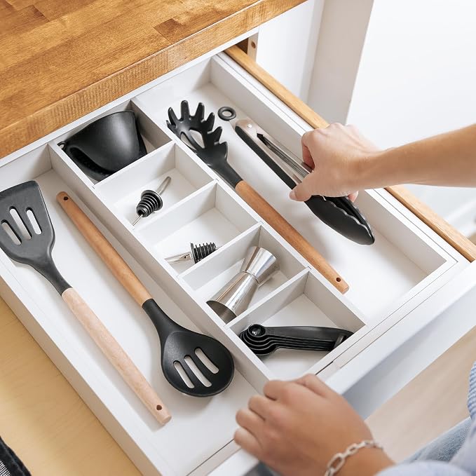 Utensil & Junk Drawer Organizer, 16-28 in, White Bamboo | Food-safe contract grade, 100% sustainable wood, non-slip, adjustable