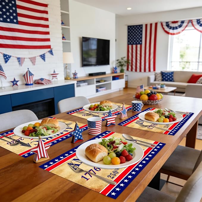 50Pcs Patriotic Paper Placemats Disposable 11x16 Inch Vintage Table Mats | American Flag Red White Blue Star Striped, 4th of July Memorial Day America 250th Birthday Party Decor
