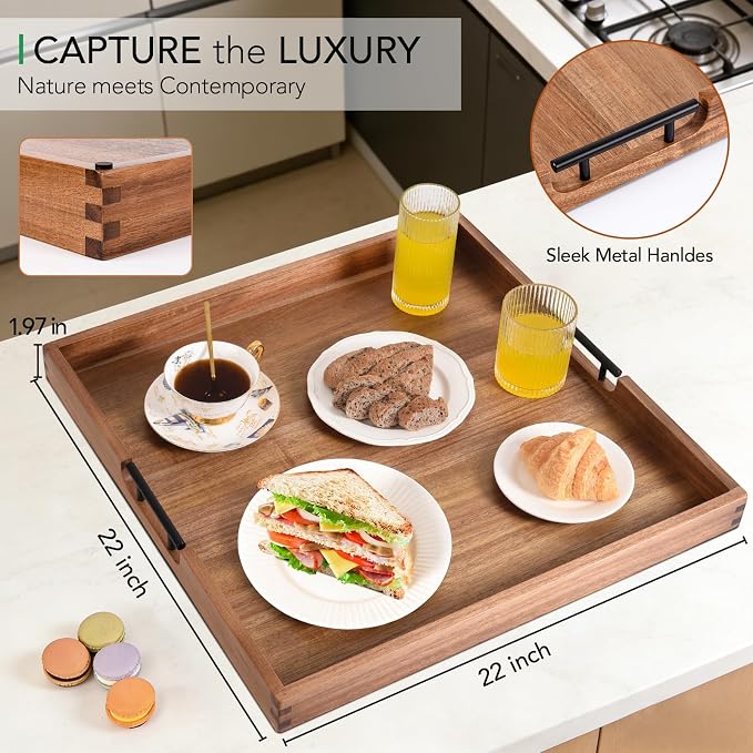 Joy&Grace Acacia Wood Ottoman Tray with Handles 22" x 22" | Large Acacia Wooden Serving Tray for Coffee Table Living Room, Breakfast in Bed, Food Dinner, Kitchen, Couch (Color Natural)