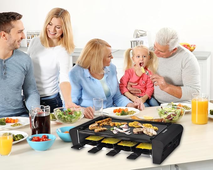TAMARIT Raclette Table Grill for 8, Electric 1300W | Raclette grill, 8 cheese trays, reversible nonstick plate, 14.2 x 8.8 in