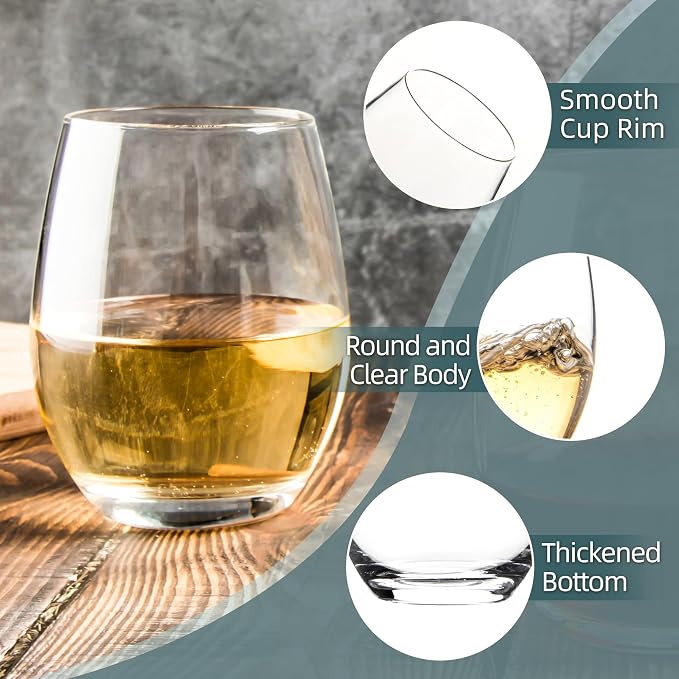 SHYRC Stemless Wine Glasses, 15 oz Stemless Glasses Set of 12 for Red or White Wine, Stemless Glassware, No Stem Wine Glasses, Drinking Glasses, Clear