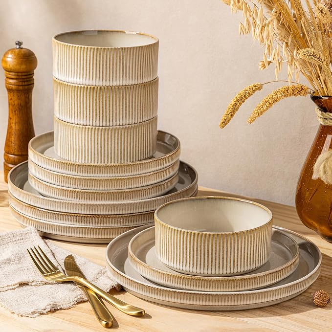 GBHOME Stoneware Dinnerware Sets for 4, 12 Pieces Plates and Bowls Set | Lightweight Ceramic Ribbed Dishes,Reactive Glaze Stackable Plate Set,Scratch Resistant,Microwave & Dishwasher Safe,Cappuccino