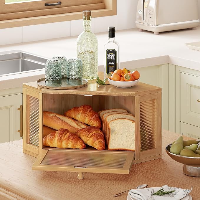 WOWLIVE Corner Bread Box, Bamboo Bread Storage with Acrylic Wavy Door | Breadbox for Kitchen Countertop, Large Farmhouse Bread Holder for Homemade Bread, Multi-functional Container, Natural