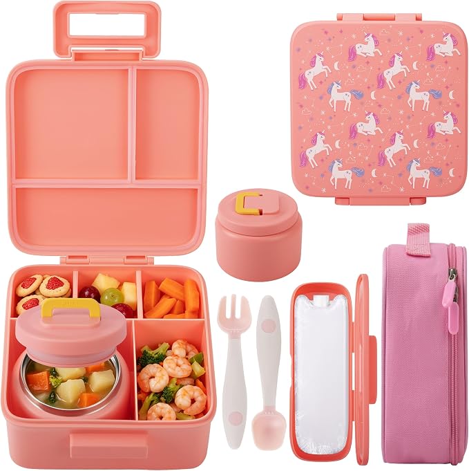 MAISON HUIS Bento Lunch Box with 8oz Soup Thermo, 5-Compartment Leak-Proof Container, Thermo Hot Food Jar and Insulated Lunch Bag, BPA Free,Travel, School (Pink Horse)