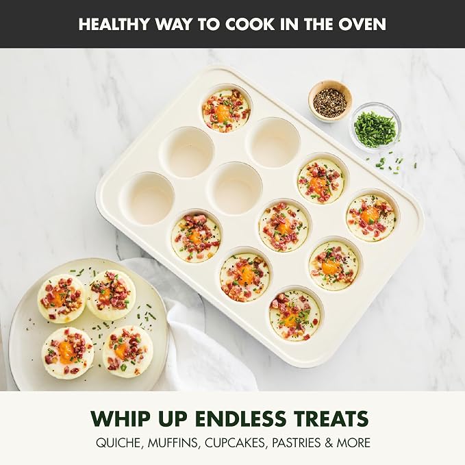 GreenPan Bakewell 12-Cup Muffin Pan, Healthy Ceramic Nonstick Bakeware, PFAS-Free Cupcake Mold, Durable Baking Tray, Versatile Kitchen Essentials, Easy Clean Ovenware, Black