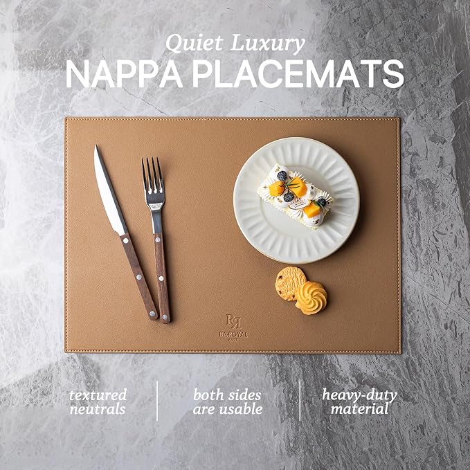 Baroyal Faux Leather Placemats Set of 6 Vinyl Washable Wipeable Table Mats for Kitchen Dining Table Heat Resistant Waterproof Indoor/Outdoor Placemats Non-Slip Easy Clean Place Mats (British Khaki)