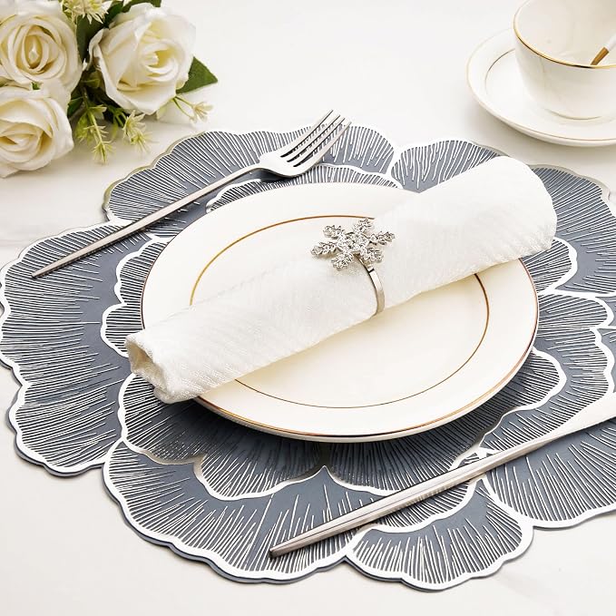 Silver Placemats Set of 6 15 Inch Metallic Pressed Vinyl Flower Place Mats | Non Slip Washable Waterproof PVC DiningTable Mats for Home Kitchen Dinner Party Table Wedding Decoration