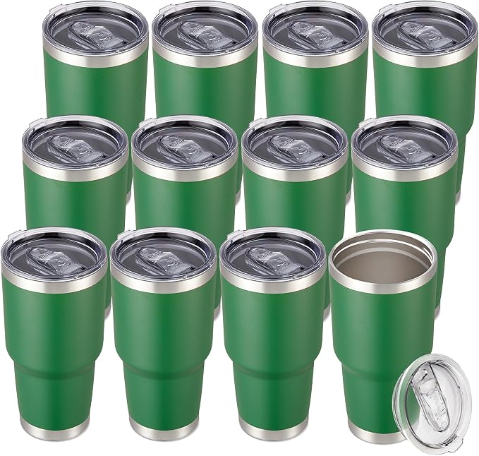 30 oz Tumbler with Lid Stainless Steel Tumblers Bulk, 12 Pack | Vacuum Insulated Cup, Leak Proof Lid, Powder Coated Travel Mug, Double Wall, Keep Cold Drinks for 12 Hours, Dark Green