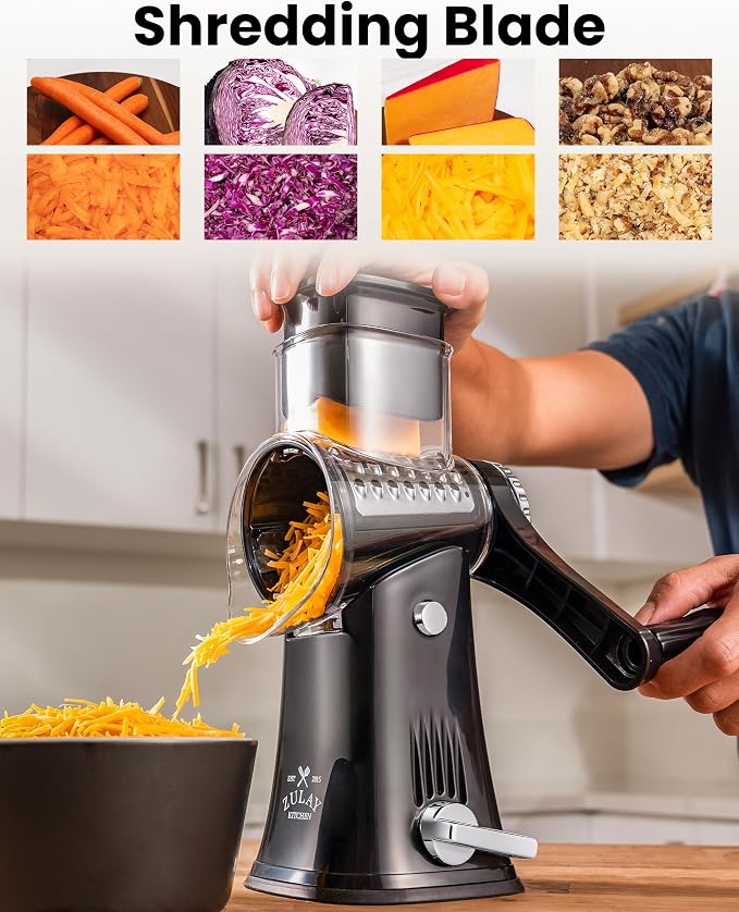 Zulay Kitchen Rotary Cheese Grater 5 Blade Cheese Shredder - Manual Hand Crank Cheese Grater With Reinforced Suction & 5 Interchangeable Drums - Easy to Use, Vegetable Chopper Round Mandoline Slicer