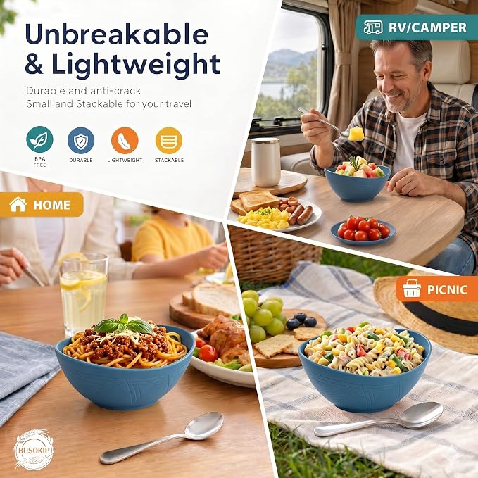 26oz Wheat Straw Bowls Sets of 6, Unbreakable & Stackable Ramen Bowl, Microwave & Dishwasher Safe Dinner Bowls for Rice, Salad, Noodle, Fruit, Kitchen Bowls for Restaurant, RV, Party - Blue