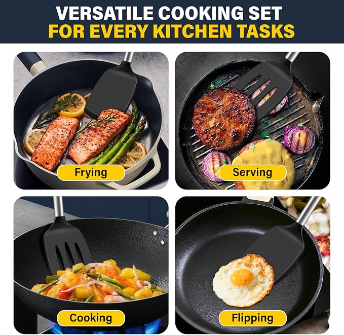 2 Pack Silicone Spatula Set, Solid & Slotted Turner for Non-Stick Pans, High Heat Resistant Silicone Spatula for Cooking, BPA-Free Stainless Steel Cooking Utensils for Fish, Eggs, Pancakes, Black
