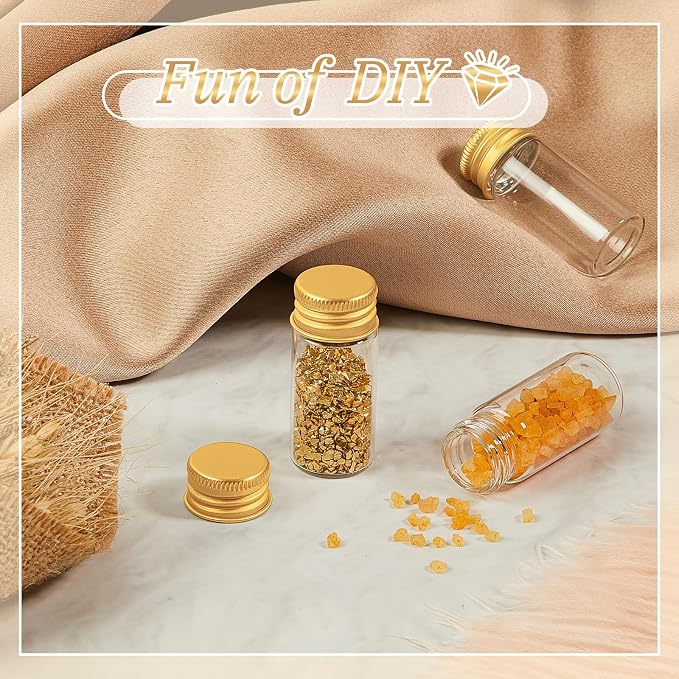 Didaey 200 Pcs Small Clear Vials Spice Mini Jars with Lids Mini Glass Bottles with Screw Aluminum Metal Caps Tiny Jars Sample Containers for Powder Cream Cosmetic Jewelry Wedding (10 ml,Gold Caps)