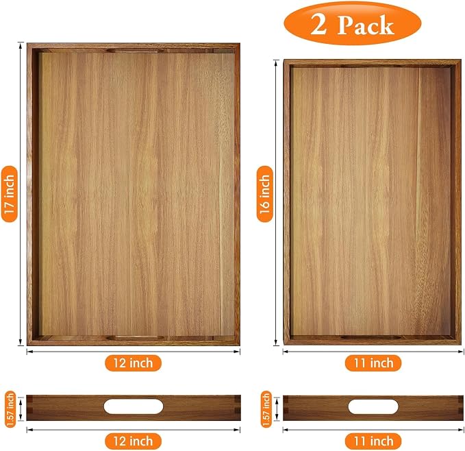 Serving Trays - 2 Pack, Large | Acacia Wood Serving Platters with Ergonomic Handles, Versatile Rustic Decorative Trays for Breakfast, Brunch, Dinner