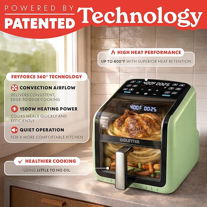 Gourmia Air Fryer 7 QT - Easy View Panorama Window & Interior Light, Guided Cooking with 12 One-Touch Presets, FryForce 360, Dishwasher Safe Accessories, Green