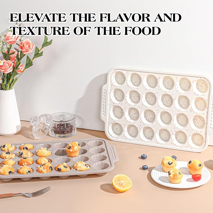 2 Pcs Silicone Muffin Pans for Baking with Metal Reinforced Frame, Nonstick Cupcake Tray for Oven, 24 Cups Mini Size Silicone Molds for Egg Bites, Dishwasher Safe (Brown, Cream)