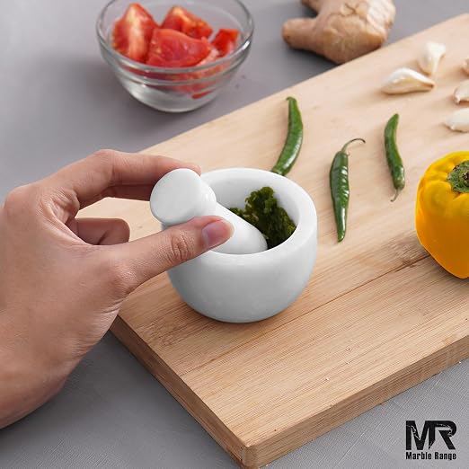 Marble Mortar and Pestle Set White 3" Inches Handmade Garlic Crusher & Grinder Bowl, Mini Mortar and Pestle for Kitchen - Herb Grinder Spice Grinder