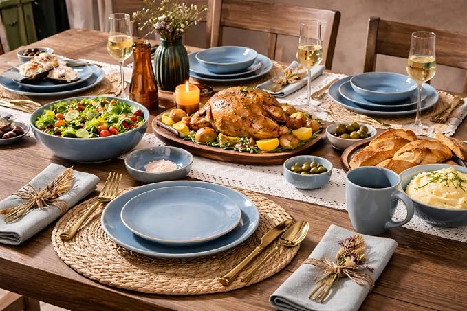 GBHOME Dinnerware Sets for 6, 24 Pieces Ceramic Plates and Bowls Set | Scratch Resistant Stoneware Dishes Set, Dishwasher & Microwave Safe, Reactive Glaze-Blue