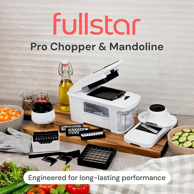 Fullstar Pro XL Vegetable Chopper & Mandoline Slicer w Pull-Out Catch Tray | 11 in 1 Veggie, Onion & Fruit Slicer, Dicer & Grater with Sharp Stainless Steel Blades - XL Food Prep Set ((White)