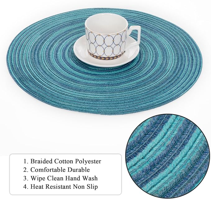 SHACOS 15 inch Round Placemats Set of 6 Variegated Multicolor Place Mats Cotton Polyester Braided Non Slip Washable Heat Resistant Table Mats for Home Wedding Dinner Party Table Decor, Rainbow Teal