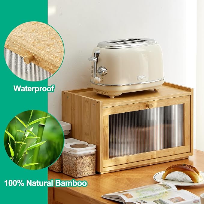 kiplant Large Bread Box for Kitchen Counter, Bamboo Bread Storage Container with Wavy Arcylic Transparent Door, Bamboo Wooden Farmhouse Bread Box for Your House