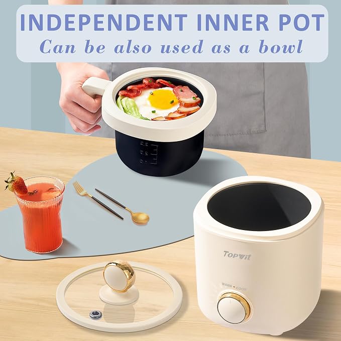 TOPWIT Small Rice Cooker 2-Cup Uncooked, 1.2L Nonstick Mini Rice Cooker | Removable Pot, BPA-free, One-touch Operation, Auto Keep Warm, Ideal for Dorm, Office & Travel, Compact & Portable, Beige