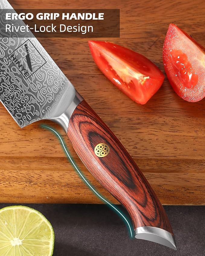8" High Carbon Stainless Steel Kitchen Chef Knife, Redwood Handle, Textured Anti-Stick Blade, Rustproof & Dishwasher Safe, Effortless Chopping, Premium Gift Box