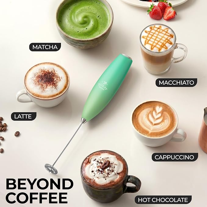 Zulay Powerful Milk Frother for Coffee with Upgraded Titanium Motor - Handheld Electric Whisk, Milk Foamer, Mini Mixer & Coffee Blender for Frappe, Latte, Matcha, No Stand - Metallic Blue