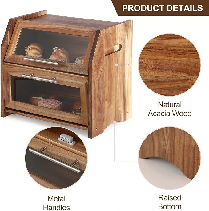 Garvee Acacia Wood Double Layer Bread Box, Clear Acrylic Door | Ventilation Design, Compact Countertop Organizer, Farmhouse/Country/Modern Kitchen Decor Styles