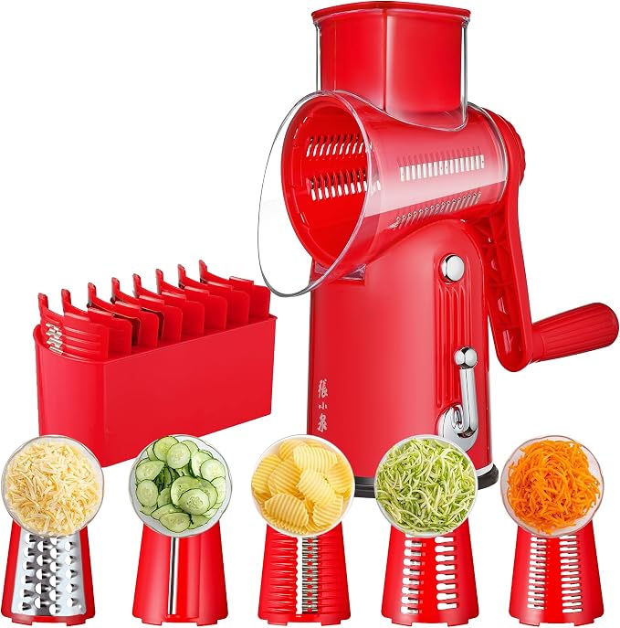 Rotary Cheese Grater Manual Hand Crank with 5 Blades & Suction Base, Kitchen Vegetable Shredder Slicer for Veggie, Nuts, Fruit, Red