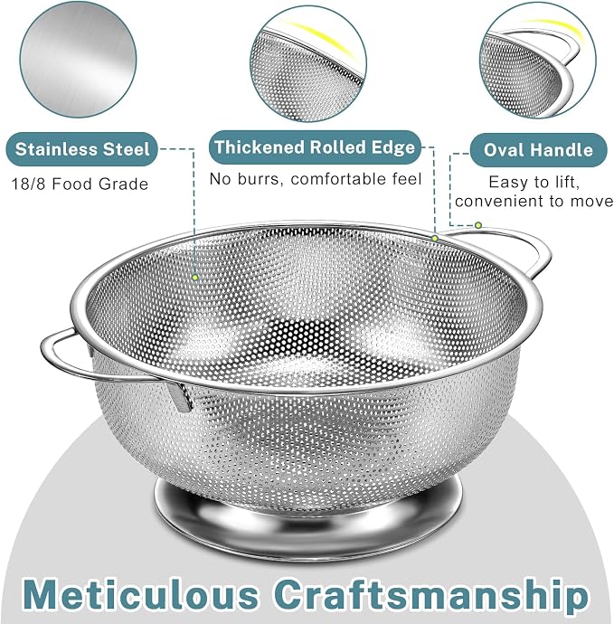 Pleafind Colander for Kitchen - 5 QT & 3 QT Stainless Steel Strainer with Handle, Kitchen Strainer Colanders Bowl for Pasta, Noodles, Spaghetti, Vegetables and Fruits, Rust-Resistant & Dishwasher Safe